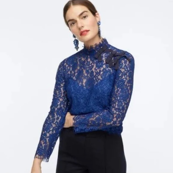 J. Crew Tops - J Crew Women's Cobalt Blue Mock Neck Lace Blouse H2306 Sz 00 Ribbon Detail NWOT